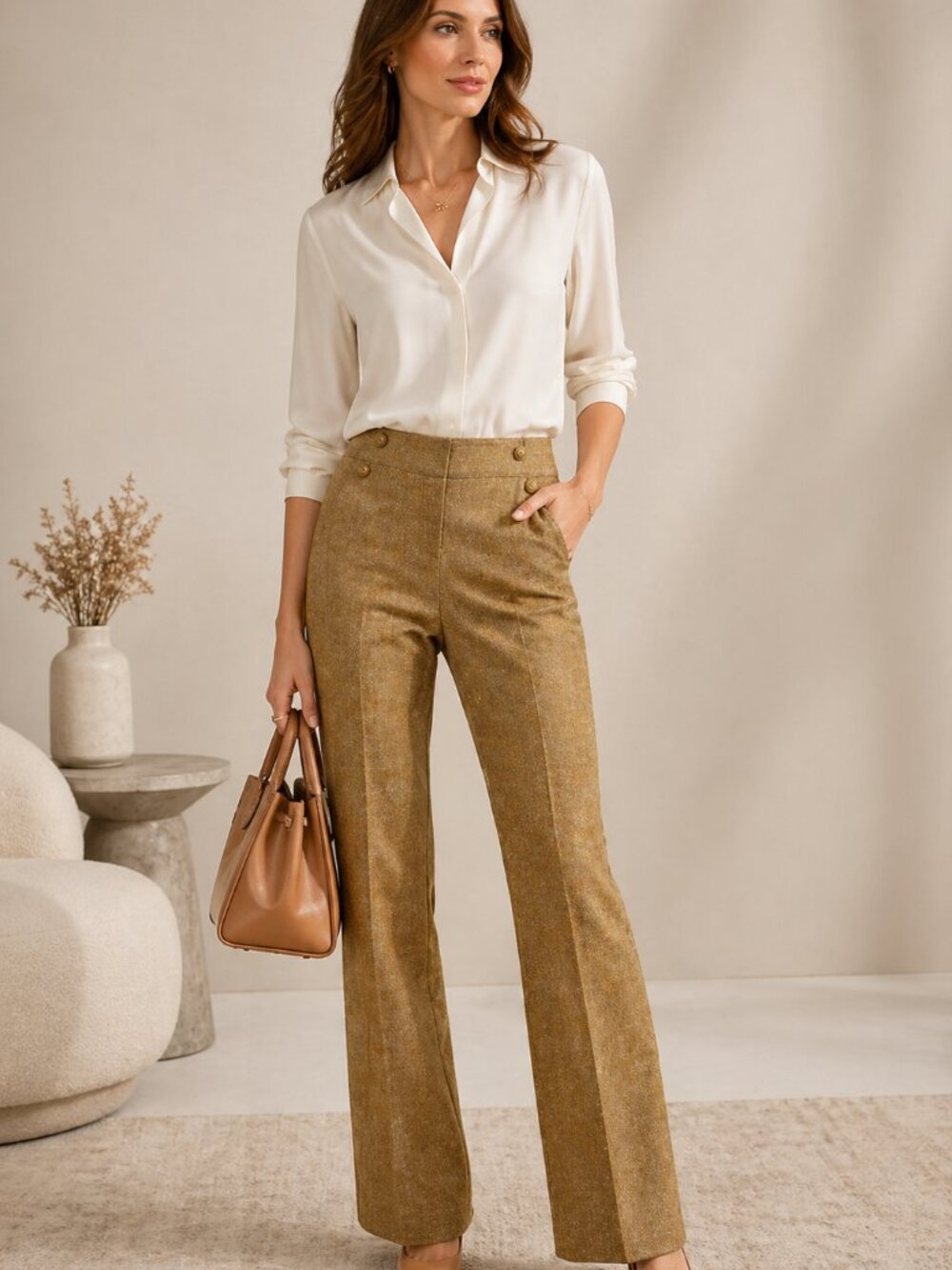 CAbi #377 Transition Tweed Trouser Pants Gold Tan Mid Rise Career Chic Size 6